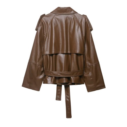 New brown fitted belted faux PU leather jacket  DLZPY4604