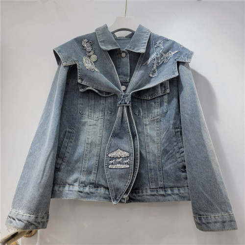 Fashion Heavy Beaded Blouse Set - Two-Piece Denim Jacket with Buttons  DLZNZ03505
