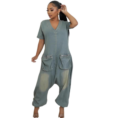 Fashionable and unique large-pocket washed denim one-piece pants  DLZ34605