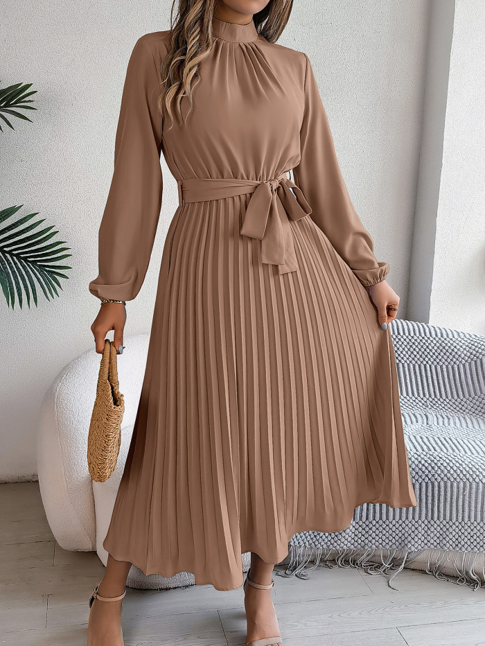 Elegant stand-up collar long-sleeved fitted pleated dress with a waistline  DLZQZ180
