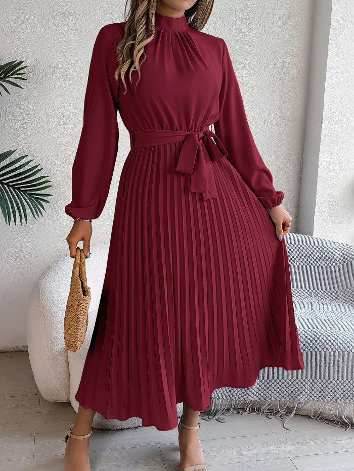 Elegant stand-up collar long-sleeved fitted pleated dress with a waistline  DLZQZ180