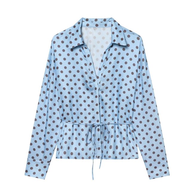 New slim-fit lace-up stylish and versatile satin polka dot shirt  DLZCS17205