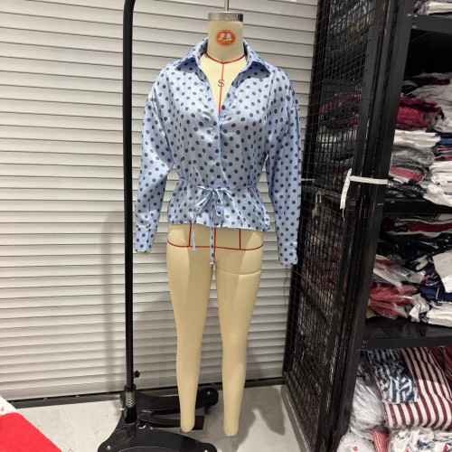 New slim-fit lace-up stylish and versatile satin polka dot shirt  DLZCS17205