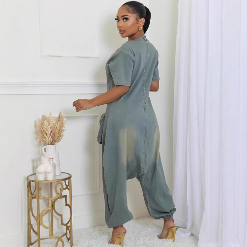 Fashionable and unique large-pocket washed denim one-piece pants  DLZ34605