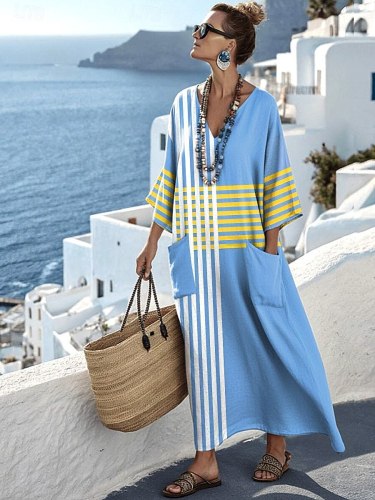 Printed V-neck five-button short-sleeved dress with a long pocket on the hem  DLZQ460