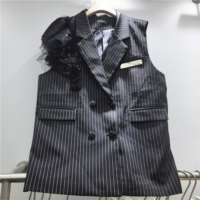Women's Waistcoat Notched Collar Splice Lace Striped Sleeveless Double Breasted Suit Vest Spring New Fashion  DLZMJ18001