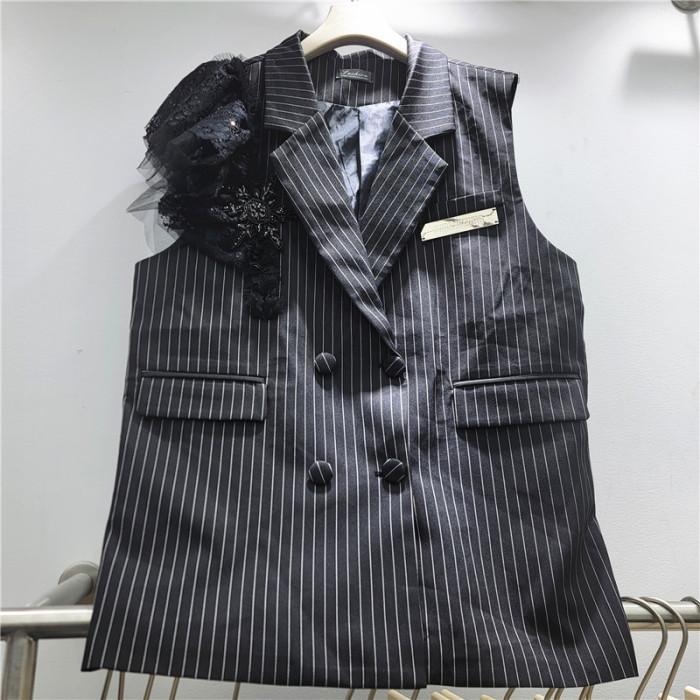 Women's Waistcoat Notched Collar Splice Lace Striped Sleeveless Double Breasted Suit Vest Spring New Fashion  DLZMJ18001