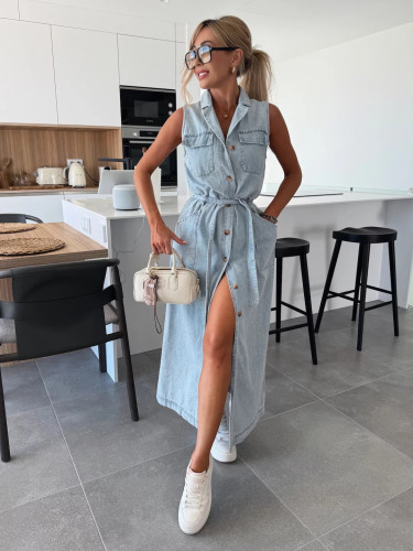 New style sleeveless long dress with drawstring waist and single row buttons, made of denim  DLZQ1505