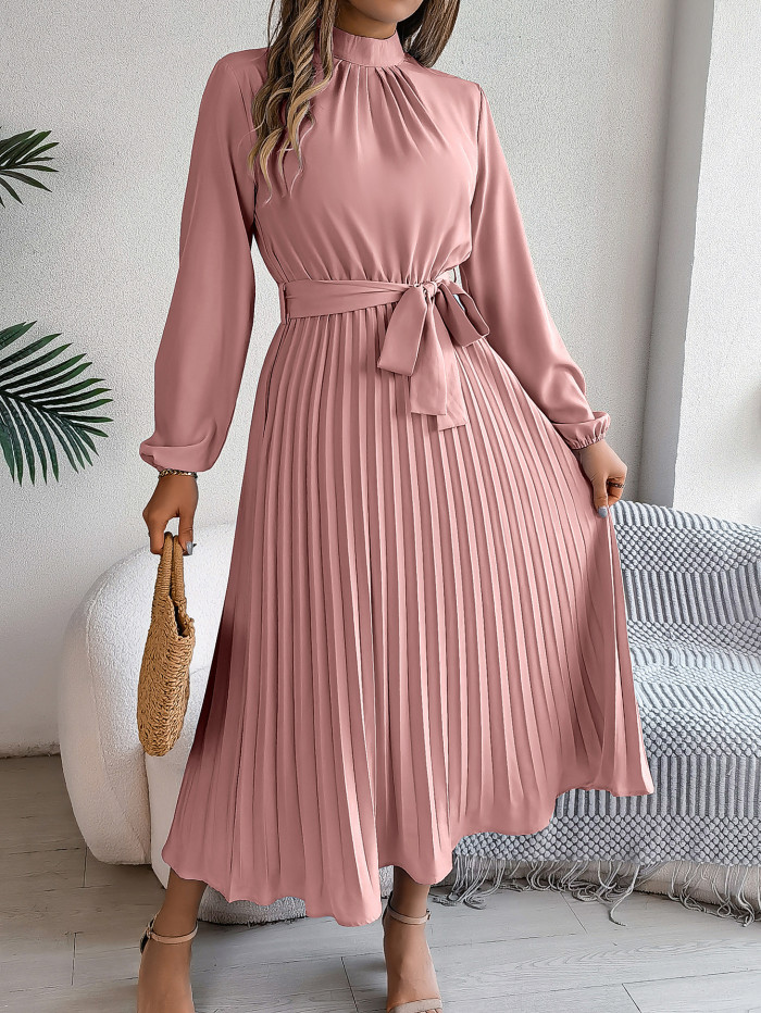 Elegant stand-up collar long-sleeved fitted pleated dress with a waistline  DLZQZ180