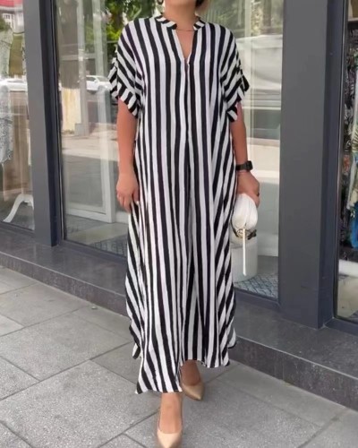 Fashion side slit striped short-sleeved blouse dress  DLZCS54001