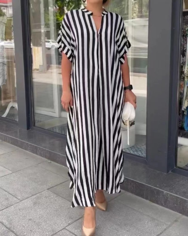 Fashion side slit striped short-sleeved blouse dress  DLZCS54001