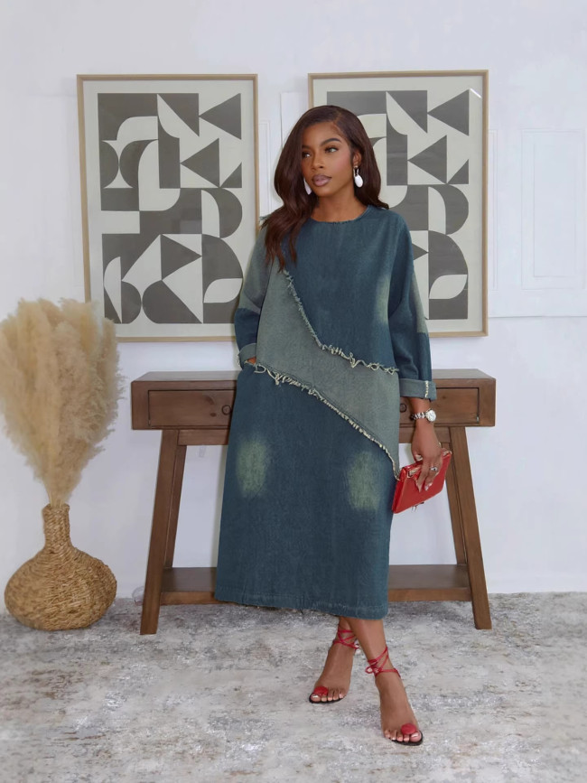Color-matched patched distressed loose mid-length denim dress  DLZYLN0605