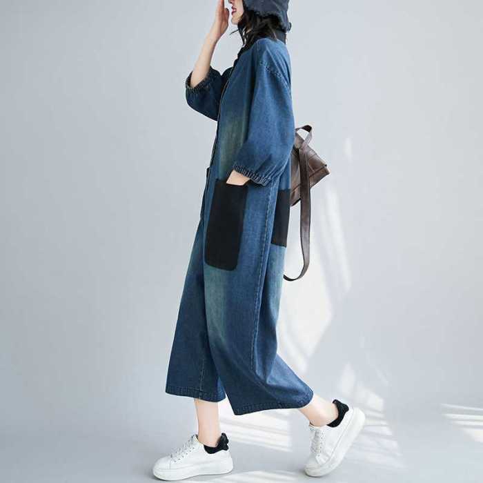 Loose-fit denim wide-leg oversized patch pocket sweatpants  DLZLT170