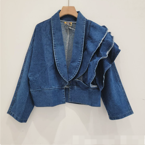 New Korean-style fashionable V-neck design with ruffled edges long-sleeved short denim jacket  DLZWT3305
