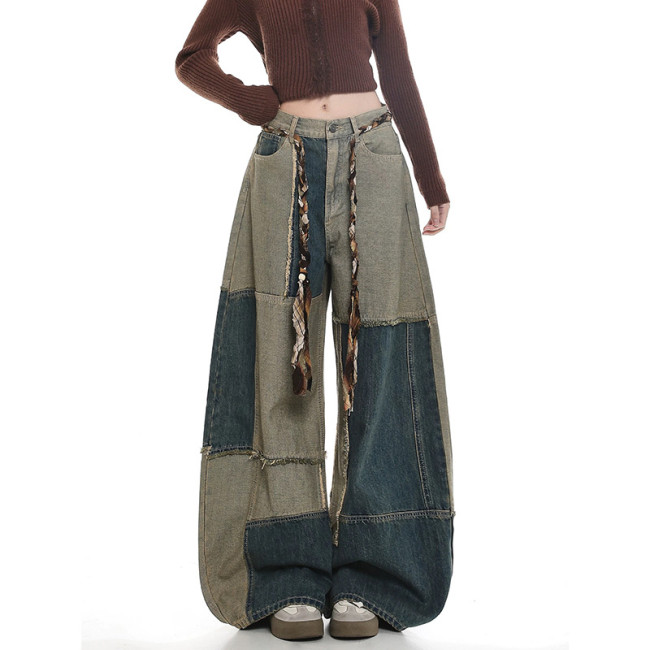 New double-color stitched contrasting color curved knife-edge fringed jeans with belt  DLZNZ29005
