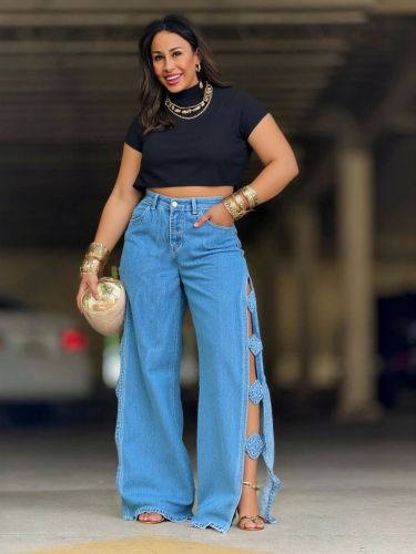 New model of sheer slit handcrafted three-dimensional flower denim pants  DLZNZ17005