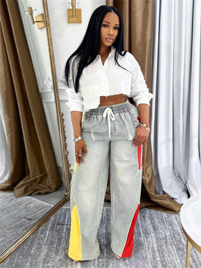 Women's casual drawstring high-waisted color-blocked gradient straight-leg denim trousers  DLZNZ143