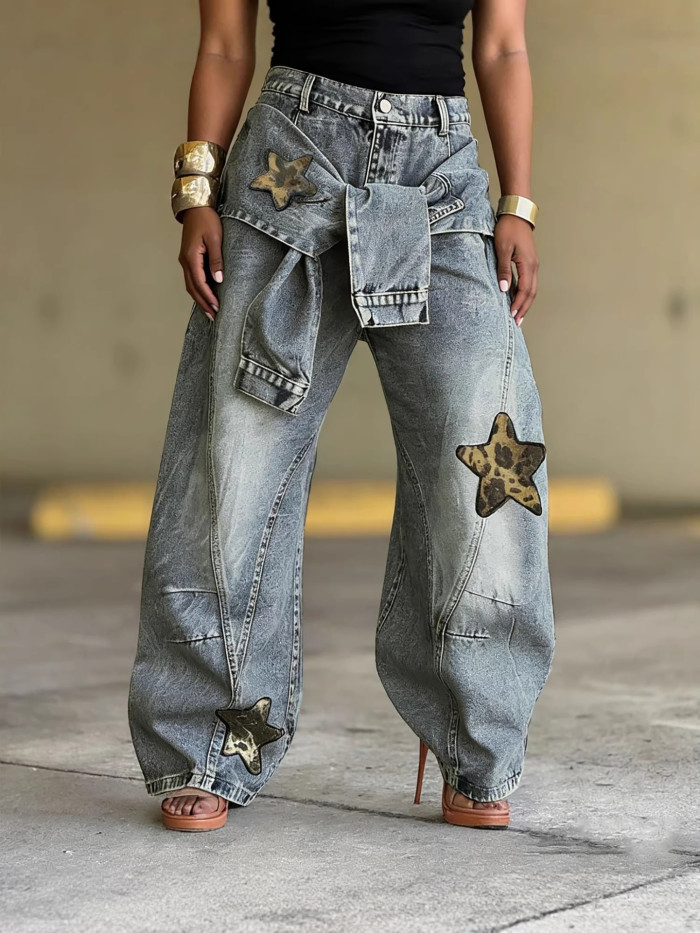 New style with strap and patch design, featuring star-shaped leopard print patchwork and denim fabric, and is a pair of pants.  DLZB5905