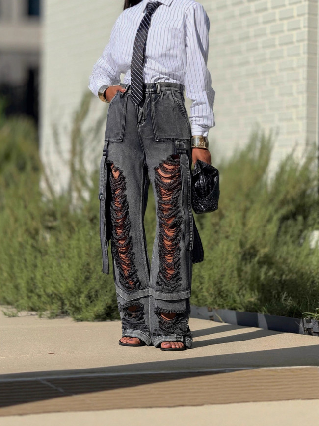 Hole-rimmed pleated cargo jeans  DLZKZ66901