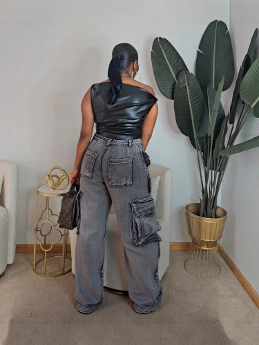 Hole-rimmed pleated cargo jeans  DLZKZ66901