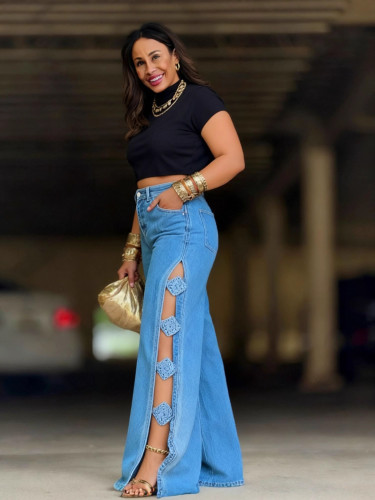 New model of sheer slit handcrafted three-dimensional flower denim pants  DLZNZ17005