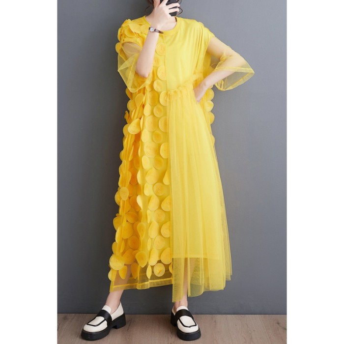 Big-size style hand-painted polka dot mesh fabric patchwork irregular mid-length dress DLZ5140
