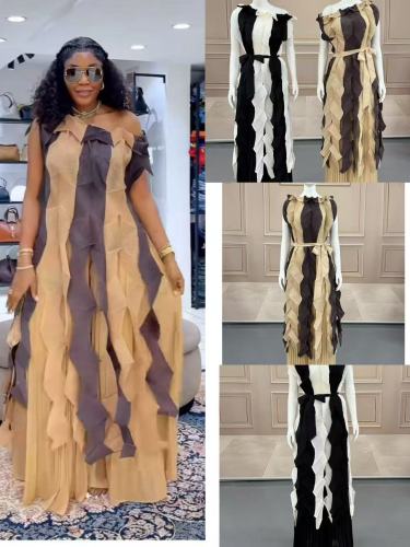 Ruffled patchwork printed V-neck top + wide-leg straight pants - two-piece set / outfit  DLZL9150