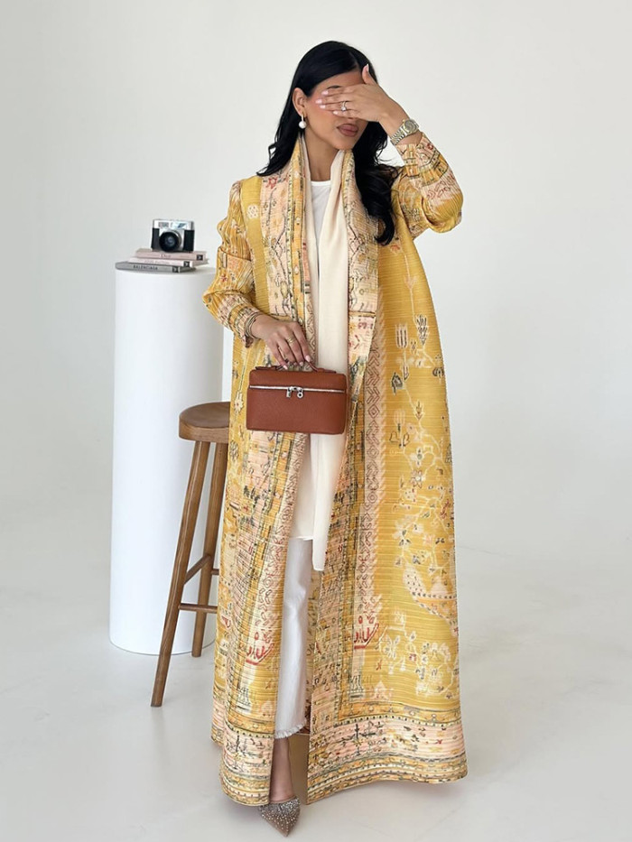 Women's Elegant Pleated Printed Trench Coat Lapel Long Sleeve Loose Temperament Cardigan Robe Fashion DLZ75907