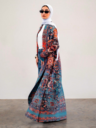 Women's Elegant Pleated Printed Trench Coat Lapel Long Sleeve Loose Temperament Cardigan Robe Fashion DLZ75907
