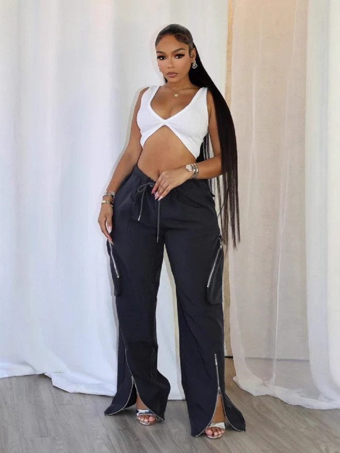 Relaxed multi-pocket zipper opening wide loose straight work pants  DLZ135