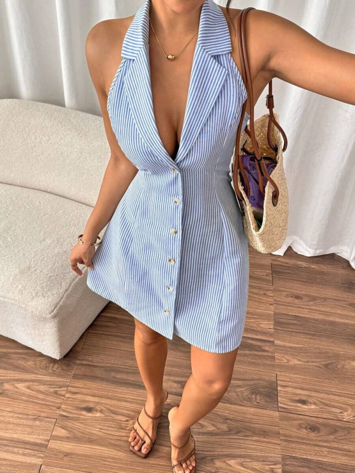 Backless strapped bow summer A-line beach dress single-button printed halter top dress  DLZD1805