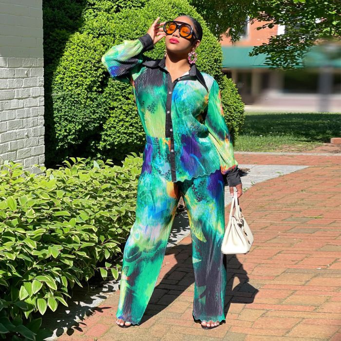 Green long-sleeved shirt + wide-leg pants set - outfit DLZTZ3906
