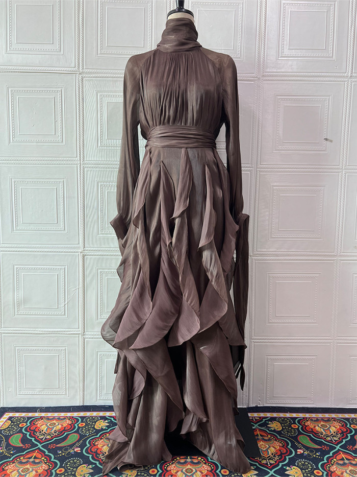 early autumn turtleneck full sleeves shinny ruffles pullover Arabic styles floor length vacation dress female vestido  WQ21008