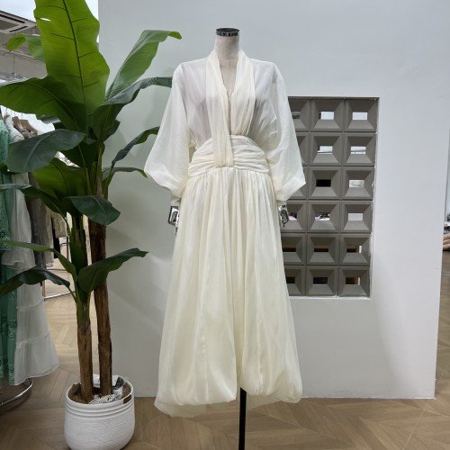 Fashion Beige Dress Women's Deep V-neck Loose Lantern Sleeves High Wiast A-line Dresses Autumn New 3A433