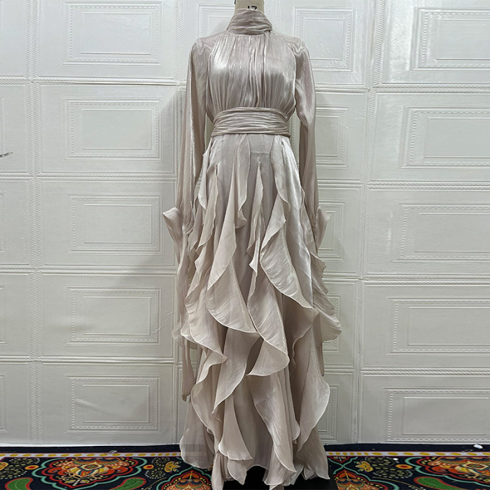 early autumn turtleneck full sleeves shinny ruffles pullover Arabic styles floor length vacation dress female vestido  WQ21008