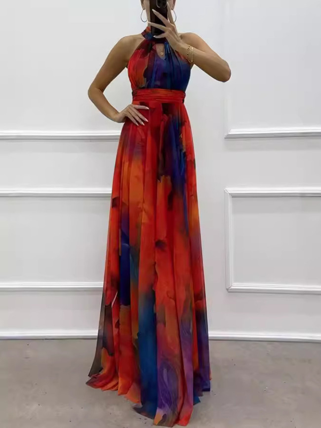 Sleeveless printed round-neck tie-front stylish wide-sleeve wrap-around dress   DLZQ56
