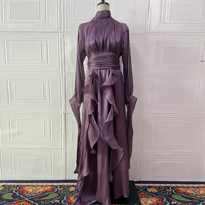 early autumn turtleneck full sleeves shinny ruffles pullover Arabic styles floor length vacation dress female vestido  WQ21008