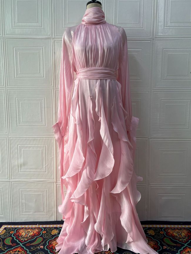 early autumn turtleneck full sleeves shinny ruffles pullover Arabic styles floor length vacation dress female vestido  WQ21008