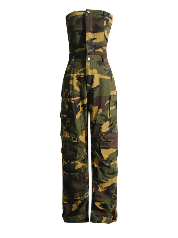 Military green sexy women's camouflage printed one-piece pants  DLZLT9509