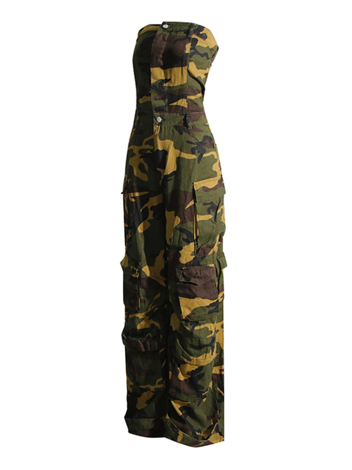 Military green sexy women's camouflage printed one-piece pants  DLZLT9509