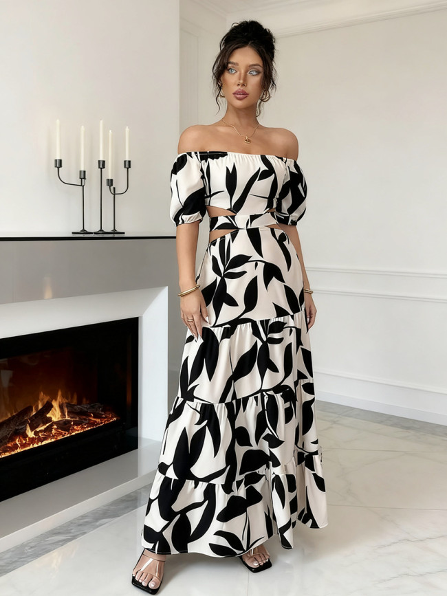 New trendy one-shoulder printed sheer design summer dress with a flowing length  DLZ460