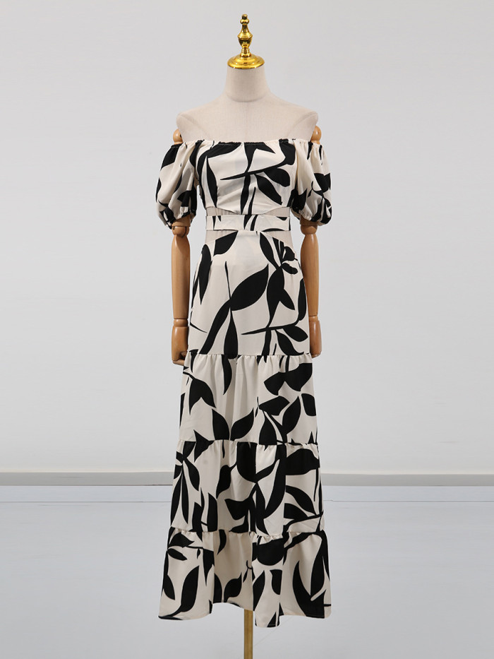 New trendy one-shoulder printed sheer design summer dress with a flowing length  DLZ460
