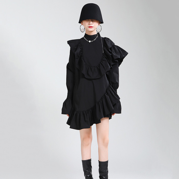 [EAM] Women Ruffles Irregular Blouse New Stand Collar Long Sleeve Loose Fit Shirt Fashion Tide Spring Autumn  1Z19900
