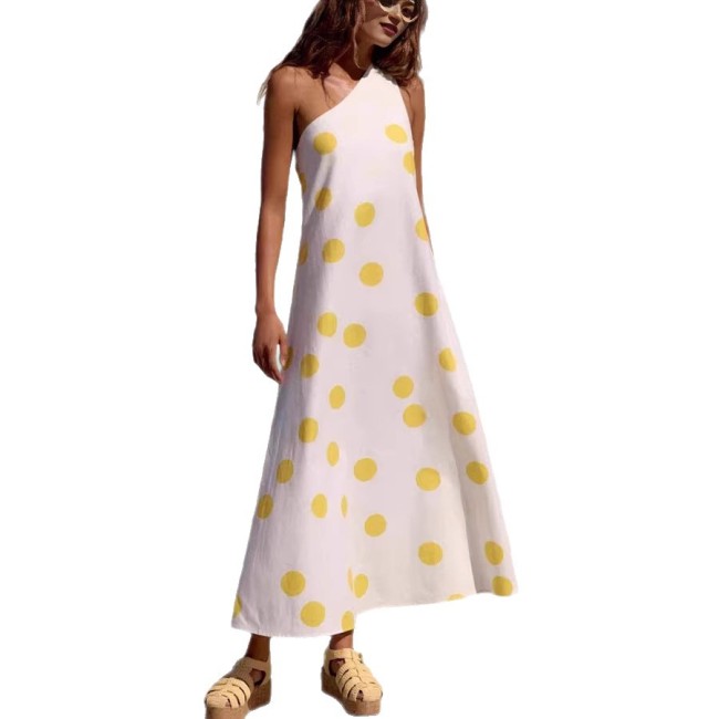Dot pattern sleeveless dress with a slanted shoulder - fashionable summer resort style long dress  DLZLY2312