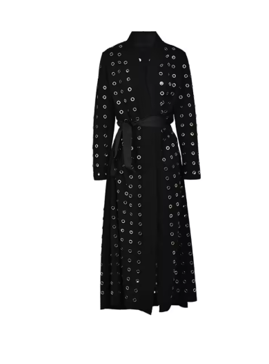 Black Hollow Out Belted Long Trench Women New V-neck Long Sleeve Windbreaker Fashion Tide Spring Autumn  15XM44101