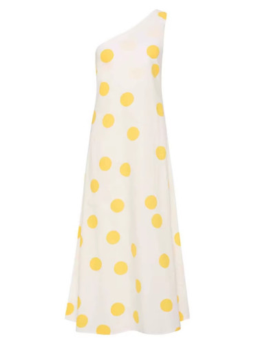 Dot pattern sleeveless dress with a slanted shoulder - fashionable summer resort style long dress  DLZLY2312
