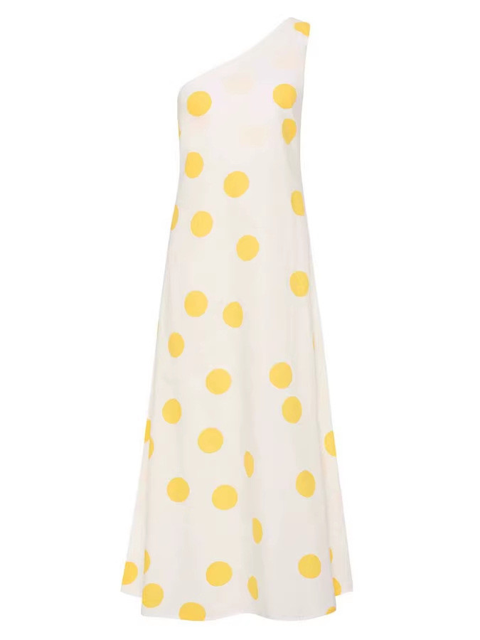 Dot pattern sleeveless dress with a slanted shoulder - fashionable summer resort style long dress  DLZLY2312