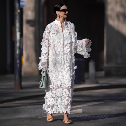 White hollowed-out three-dimensional flower round-neck long-sleeve dress  DLZQ52600