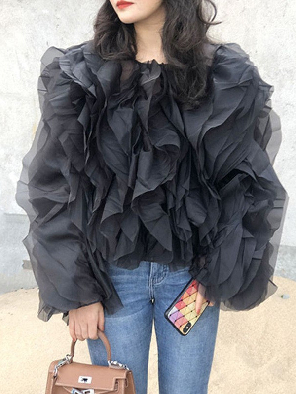 New trendy and unique leaf-edge long-sleeved versatile top  DLZSY320