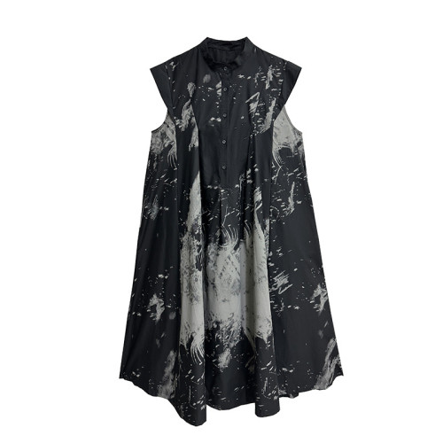 Women Black Pattern Printed Big Size Midi Shirt Dress New Stand Collar Sleeveless Fashion Tide Spring Summer 1DH5837